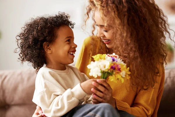 Excited Boy Little Son Congratulating His Mom Happy Mixed Race — Stock Photo, Image