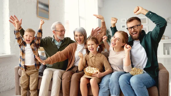 Celebrar Objectivo Entusiasmada Família Multi Geração Avós Jovem Mãe Pai — Fotografia de Stock