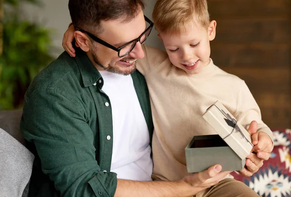 Portrait Young Loving Father Wearing Eyeglasses Giving His Happy Cute — Stock Photo, Image