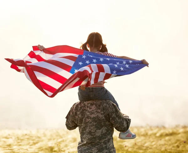 Rear View Military Man Father Carrying Happy Little Daughter American — ストック写真