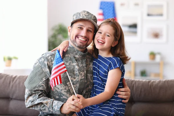 Portrait Happy American Family Father Military Uniform Cute Little Girl — Stock Photo, Image