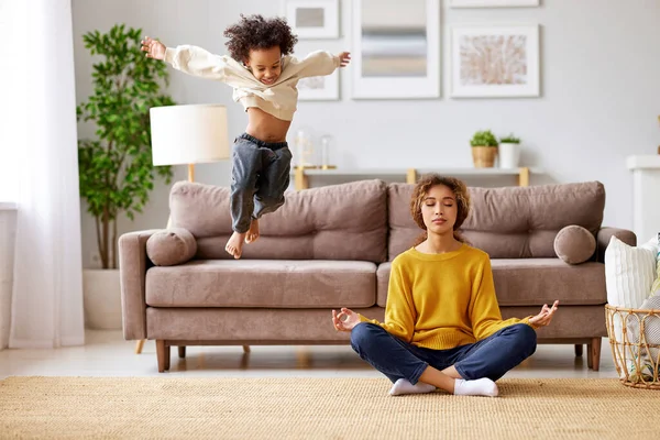 Young Calm African American Mother Casual Wear Sitting Lotus Pose — Stock Photo, Image