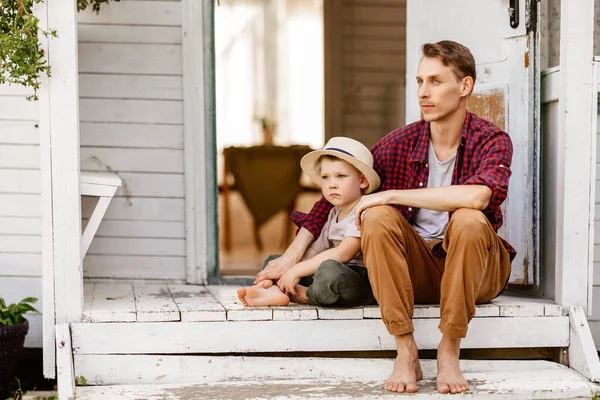 Happy Family Father Child Son Sitting Porch Looking Away Summer — Stock Photo, Image