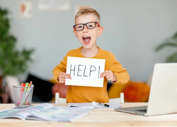 Torturado Infeliz Cansado Niño Niño Estudiante Sostiene Signo Ayuda Mientras — Foto de Stock