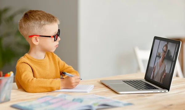 Focused Child Boy Looks Carefully Teacher While Making Video Call — Stock Photo, Image