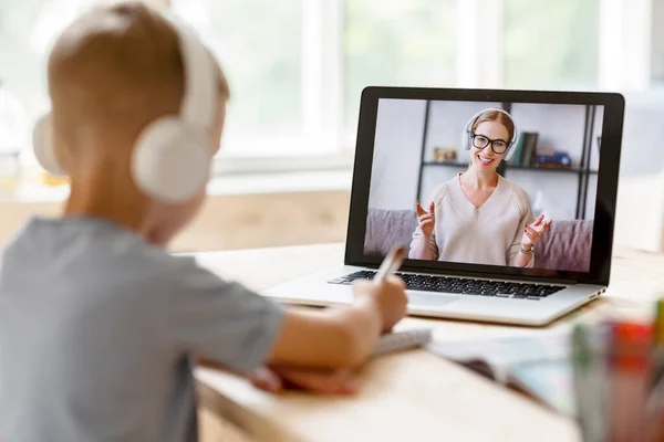 Focused Child Boy Headphones Looks Carefully Teacher While Making Video — Stock Photo, Image
