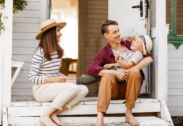 Happy Family Mother Father Child Son Sitting Porch Laughing Playing — Stock Photo, Image