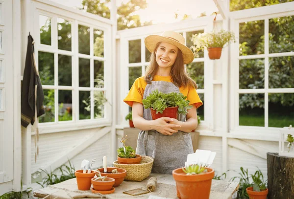 カメラで笑顔と庭で夏の日に光のオレンジで鉢植えの植物の世話をする幸せな女性庭師 — ストック写真