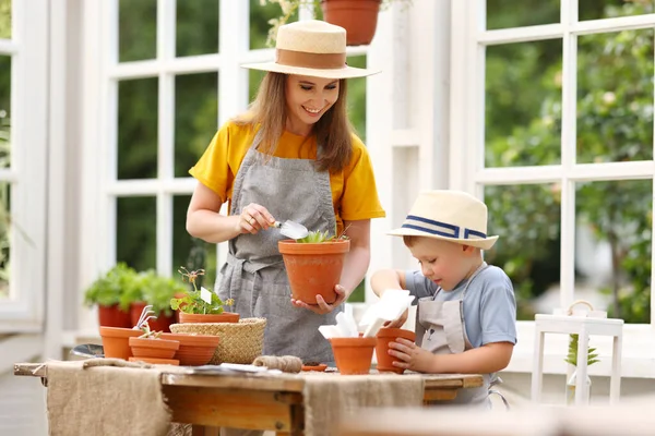 夏にはオレンジ色の園芸をしながら エプロンと帽子の正の女性は男の子に鉢植えを示します — ストック写真