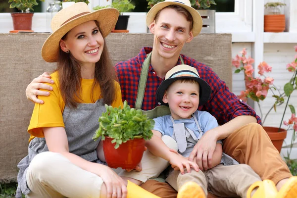 Full Body Delighted Parents Son Smiling Looking Camera While Sitting — Stock Photo, Image