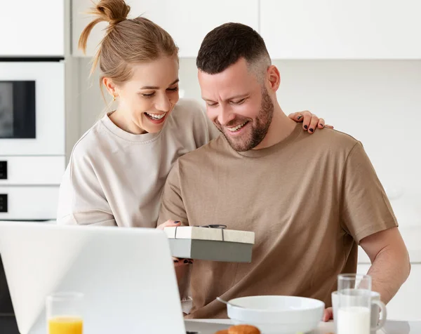 Young Loving Wife Making Surprise Husband Anniversary Birthday Congratulating Him — Stock Photo, Image