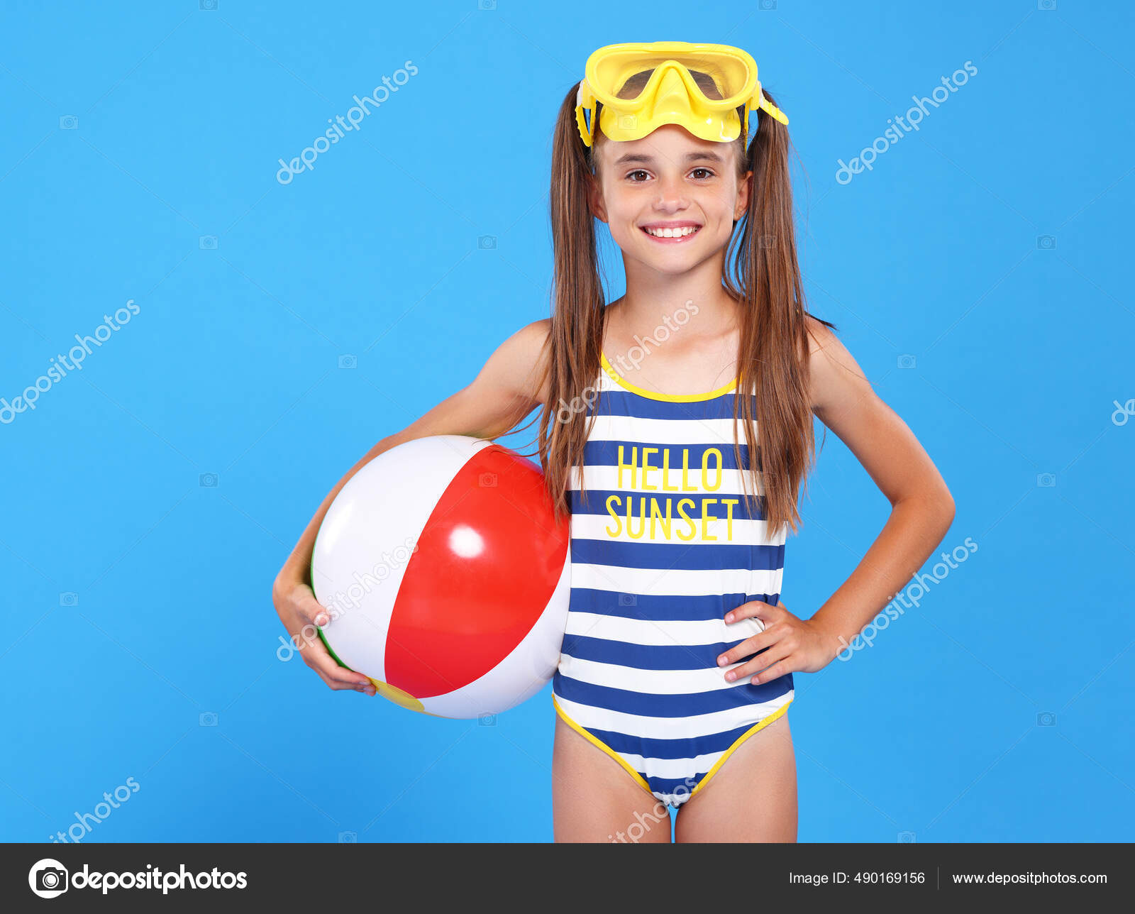 Smiling Joyful Girl Striped Swimsuit Yellow Goggles Head Holding Inflatable  Stock Photo by ©evgenyataman 490169156
