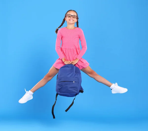 Hurry Back School Full Length Photo Energetic Schoolgirl Eyewear Funny — Stock Photo, Image
