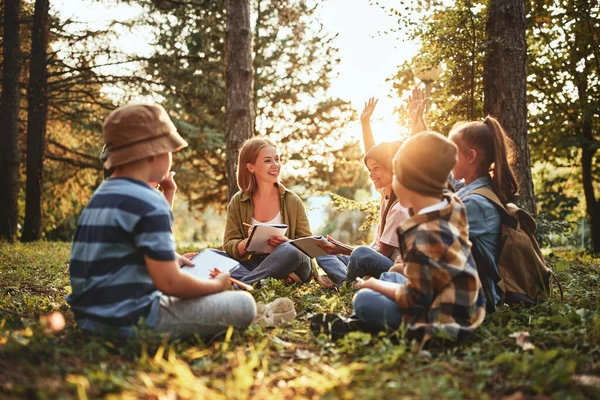 School Children Learning Ecology Nature Environment Teacher While Sitting Together — Stock Photo, Image