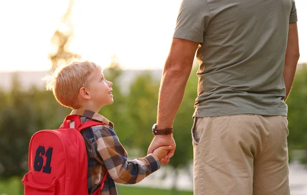 Sur Chemin École Vue Arrière Mignon Petit Fils Écolier Avec — Photo