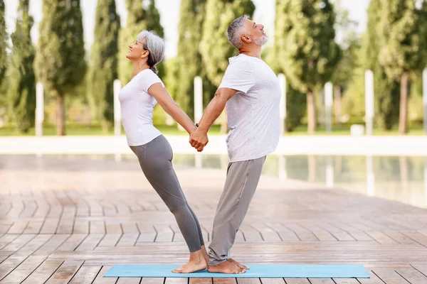 Gelukkige Oudere Familie Echtpaar Man Vrouw Sportkleding Praktiserende Partner Yoga — Stockfoto