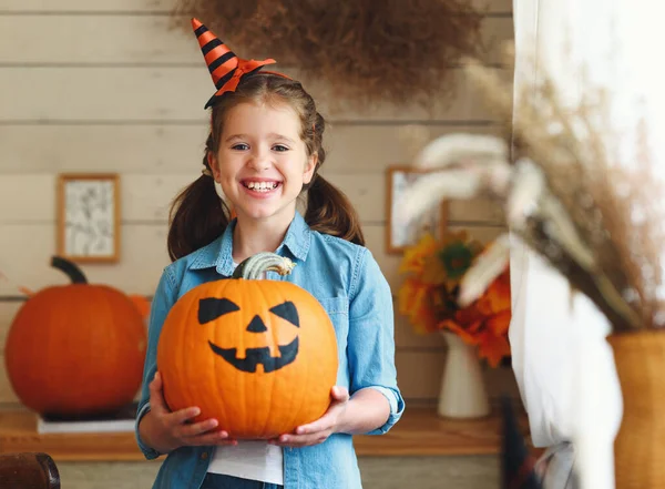 Happy Halloween Cute Cheerful Little Girl Hat Holding Carved Orange — Stock Photo, Image