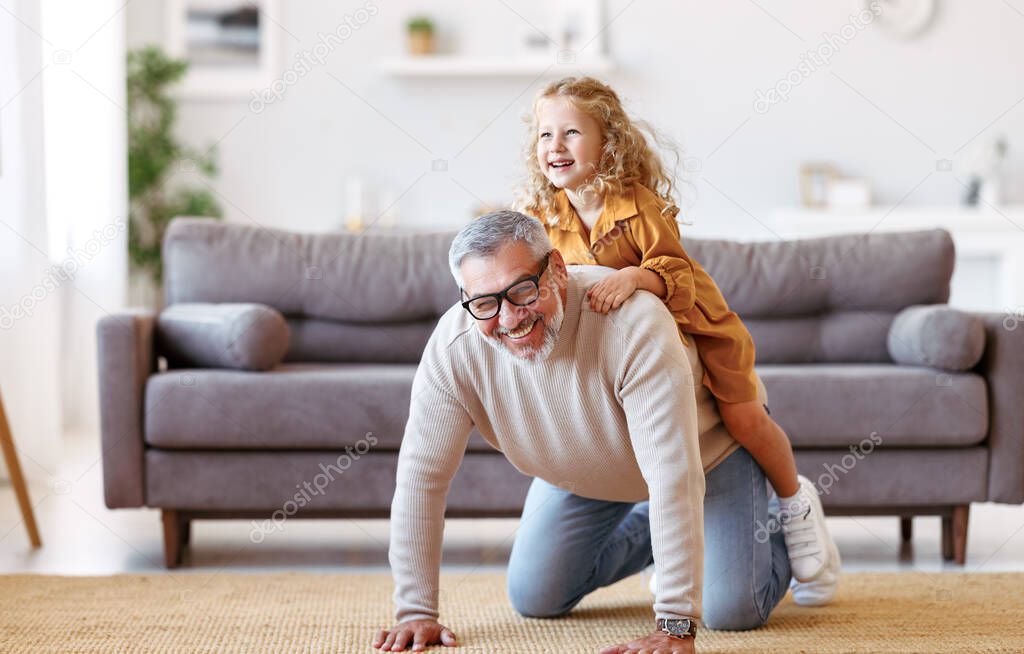 Cute little girl granddaughter playing and having fun with active positive grandfather, senior man grandpa giving piggyback to excited child and smiling at camera while taking care of kid at home