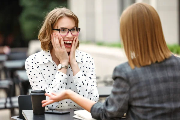 Young Excited Surprised Businesswoman Open Mouth Hearing Good Amazing News — Stock Photo, Image