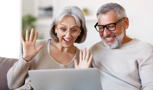 어르신 부부와 남녀가 컴퓨터로 가족이나 친척들 이야기를 나누며 흔들고 있습니다 — 스톡 사진