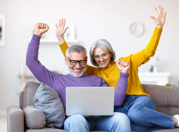 Alegre Emocionado Pareja Ancianos Celebrando Éxito Mientras Sienta Sofá Con Fotos De Stock Sin Royalties Gratis