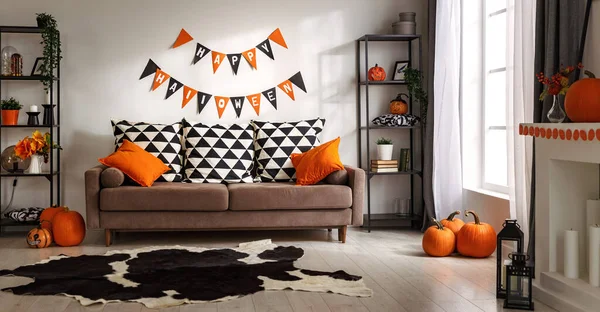 Interior House Decorated Halloween Pumpkins Webs Spiders — Stock Photo, Image