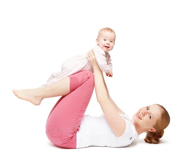 Matka i dziecko gimnastyka, ćwiczenia jogi na białym tle — Zdjęcie stockowe