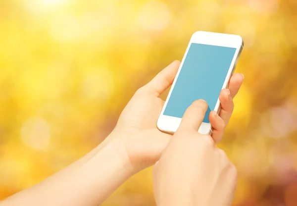 Lege lege telefoonapparaat in handen van de vrouw op de natuur in de herfst — Stockfoto