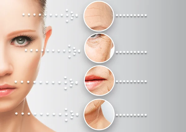 Concepto belleza envejecimiento de la piel. procedimientos antienvejecimiento, rejuvenecimiento, elevación, endurecimiento de la piel facial —  Fotos de Stock