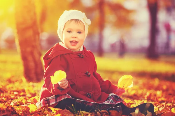 Criança pequena feliz, bebê menina rindo e brincando no outono — Fotografia de Stock