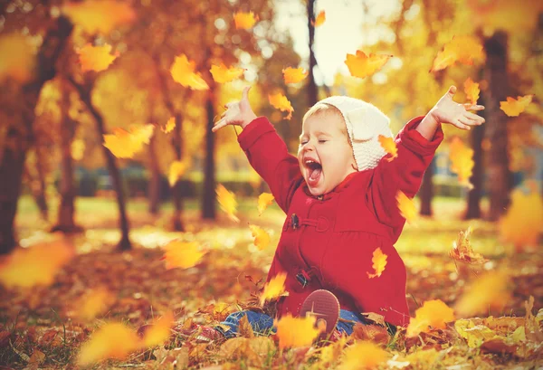 Fröhliches kleines Kind, kleines Mädchen lacht und spielt im Herbst — Stockfoto