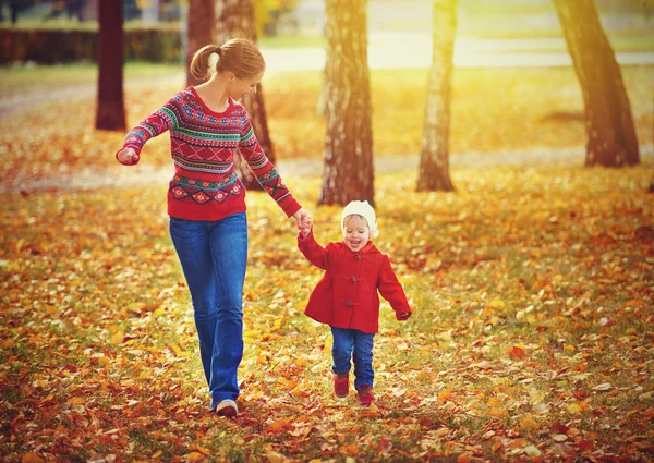 快乐家庭的母亲和孩子在秋天散步的小女儿 — 图库照片