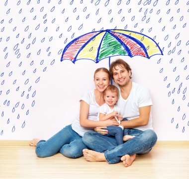 concept: social protection of family. family took refuge from  miseries and rain under umbrella clipart