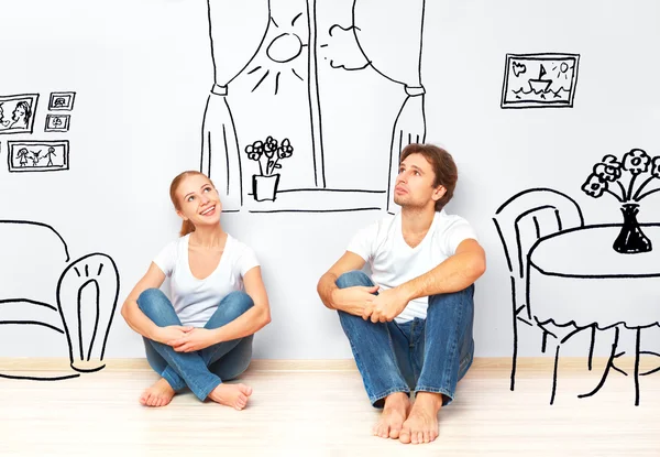 Concept : happy couple in  new apartment dream and plan interior — Stock Photo, Image