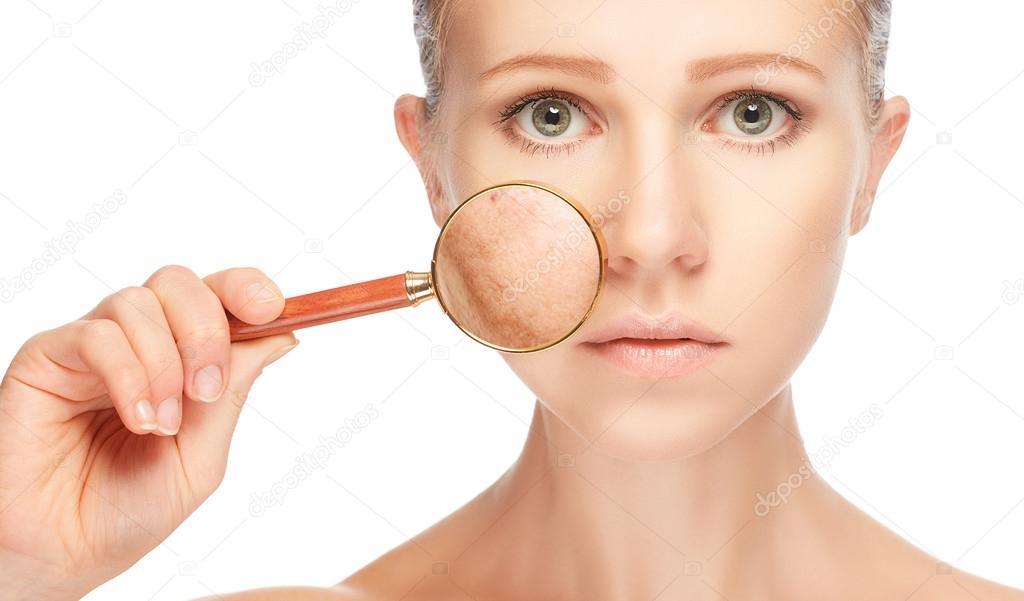 concept skincare. Skin of woman with magnifier before and after 