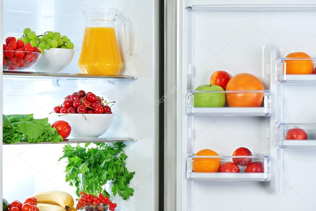 refrigerator with healthy food fruits and vegetables
