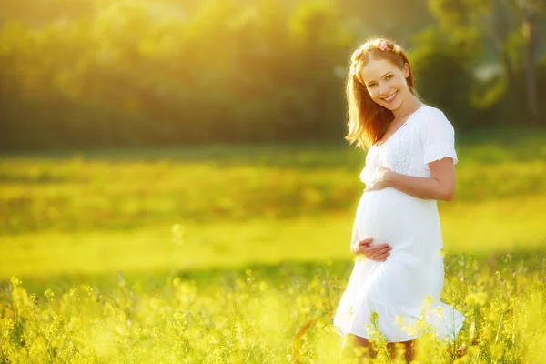 Hermosa mujer embarazada en verano naturaleza pradera con flo amarillo —  Fotos de Stock