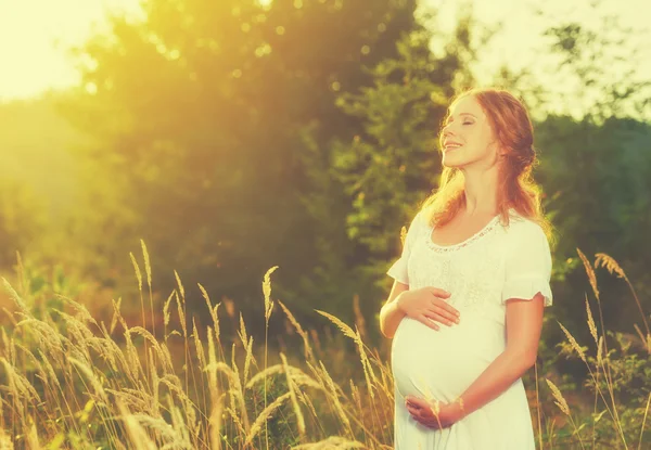 Vackra gravid kvinna i naturen Sommaräng i solnedgången — Stockfoto