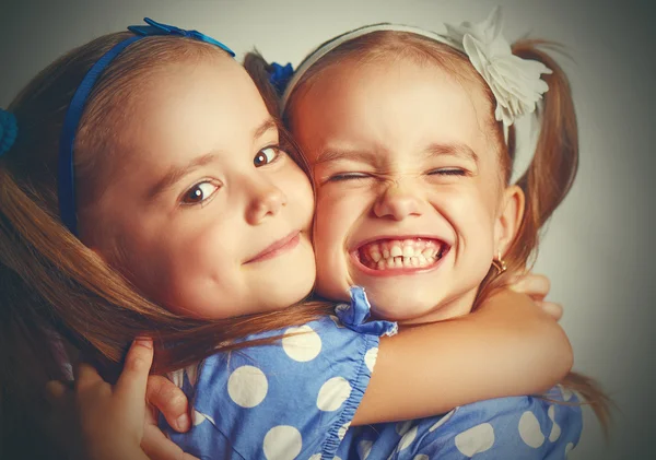 Gelukkig grappig twins zusters knuffelen en lachen — Stockfoto