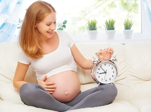 Concepto de embarazo. mujer embarazada feliz con un despertador en h —  Fotos de Stock