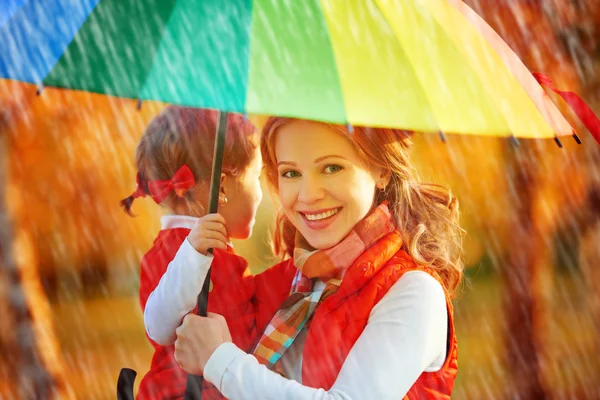 Happy family mum and child daughter with rainbow colored umbrell — Stock Photo, Image