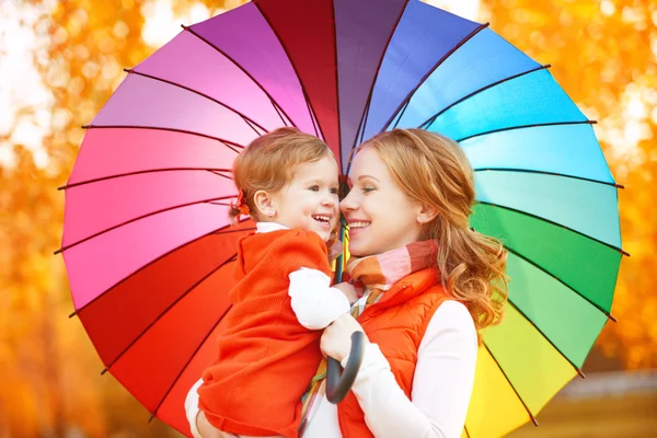 Happy family mum and child daughter with rainbow colored umbrell