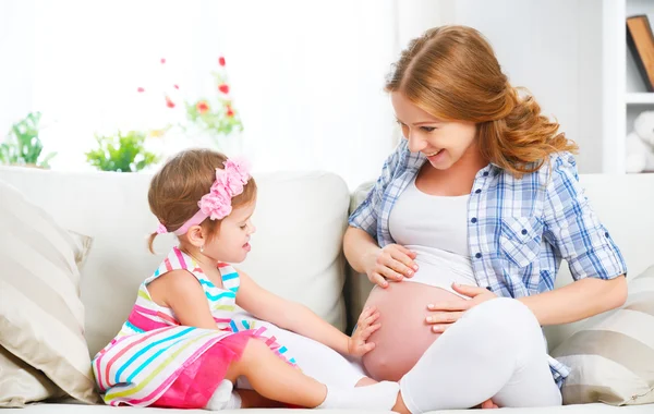Happy family. Pregnant mother and baby daughter having fun relax — Stock Photo, Image