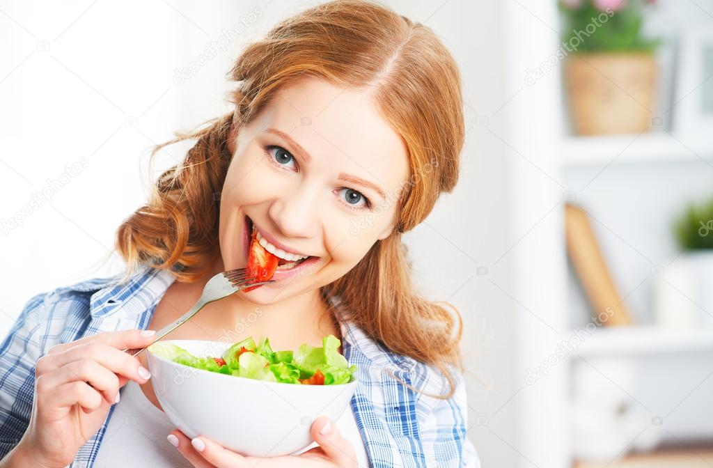 woman eating healthy vegetarian food vegetable salad