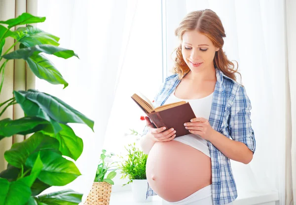 Donna incinta felice con libro alla finestra — Foto Stock