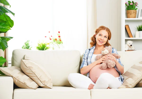 Feliz embarazada mujer relajante en casa con juguete osito de peluche — Foto de Stock