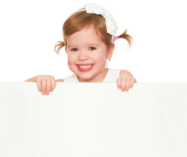 Concept child girl with white blank poster isolated — Stock Photo, Image