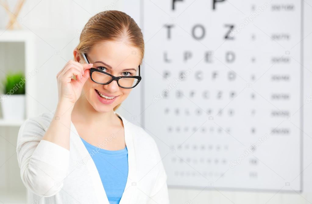 eyesight check. woman in glasses at doctor ophthalmologist optic