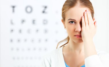 eyesight check. woman  at doctor ophthalmologist optician clipart