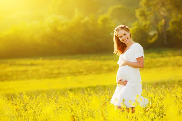 Vackra gravid kvinna i naturen Sommaräng med gula flo Stockbild